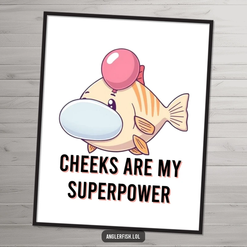 Funny anglerfish poster of a cheerful creature with cheeks inflated like balloons. Humorous and whimsical ocean-themed wall art, perfect funny gift.
