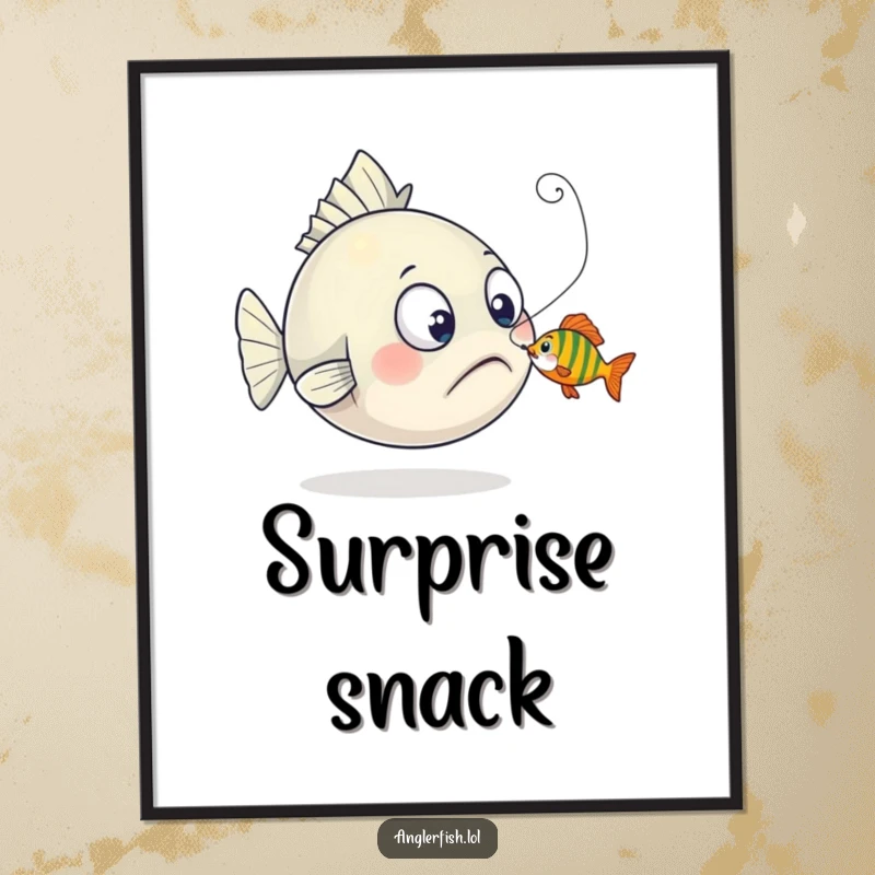 Funny anglerfish poster depicting a surprised creature's expression as a small fish playfully nibbles its lure, great for humorous decor.