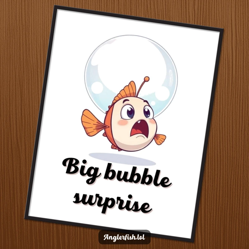 Funny anglerfish poster depicting a surprised anglerfish looking curiously at a giant, friendly bubble floating by.