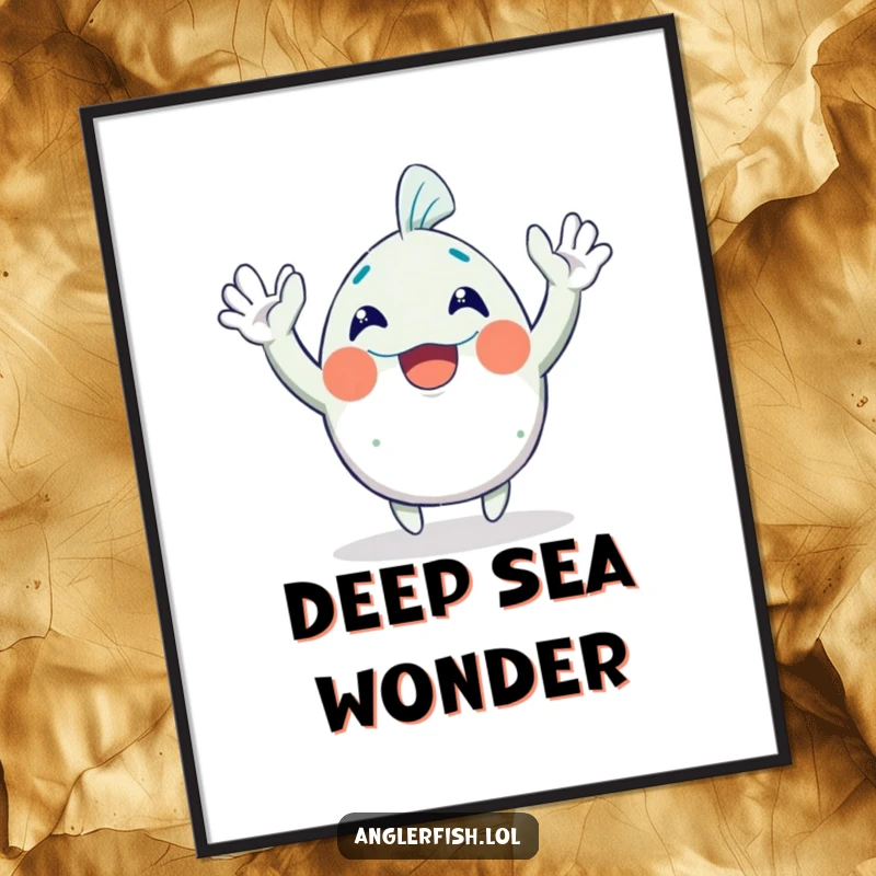 Funny Anglerfish Poster: An ecstatic anglerfish character exuberantly waving both hands, bringing a wave of laughter to any wall.