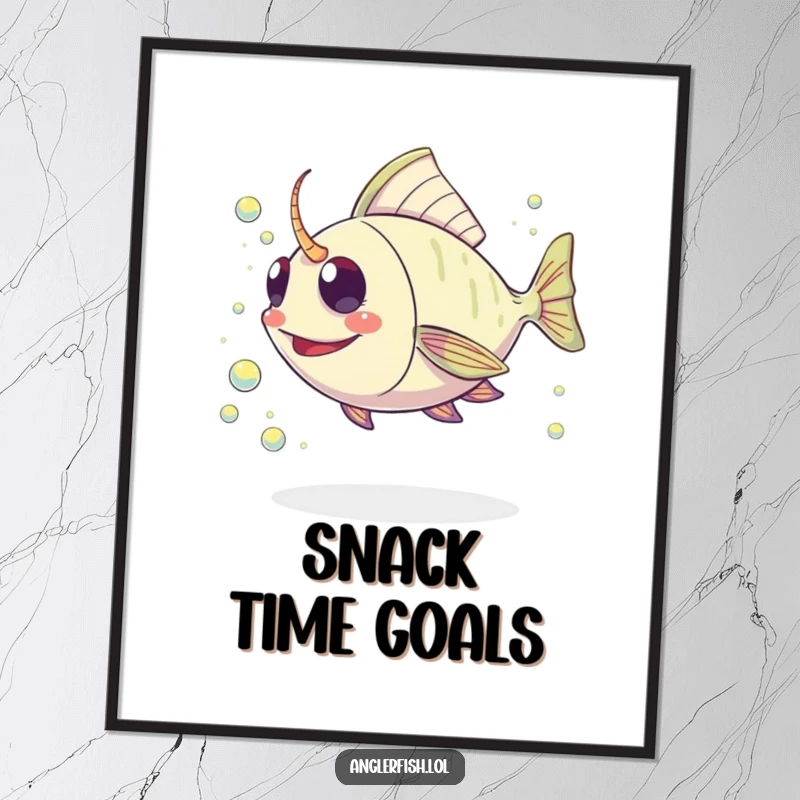 Funny Kawaii Anglerfish Poster: Lively print of a cute anglerfish joyfully swimming after a stream of shimmering plankton.