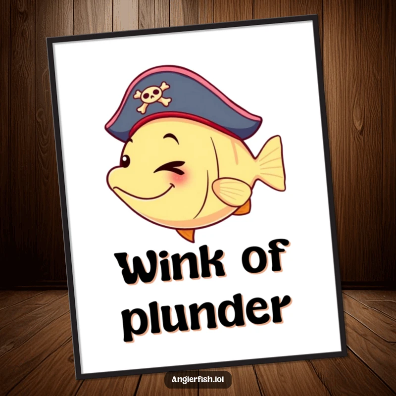 Funny anglerfish poster of a pirate anglerfish wearing a tiny hat and winking playfully, ideal for nautical decor.