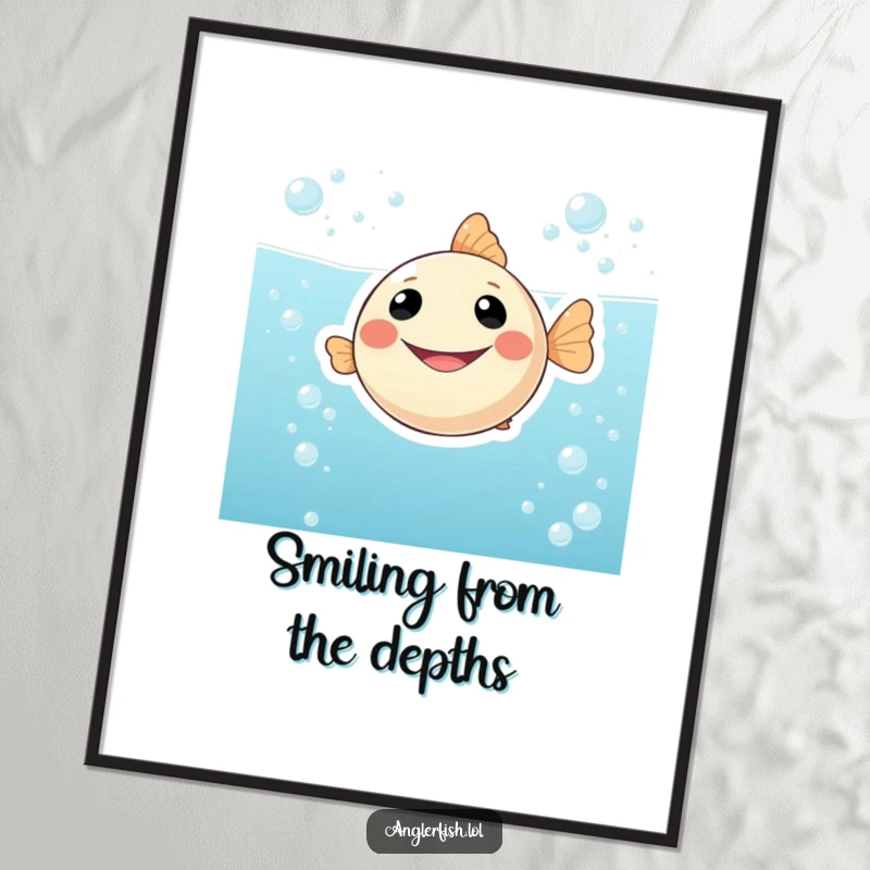 Funny art print poster featuring a cheerful, smiling round anglerfish floating serenely in a sea of sparkling, bubbly water, bringing joy to any room.
