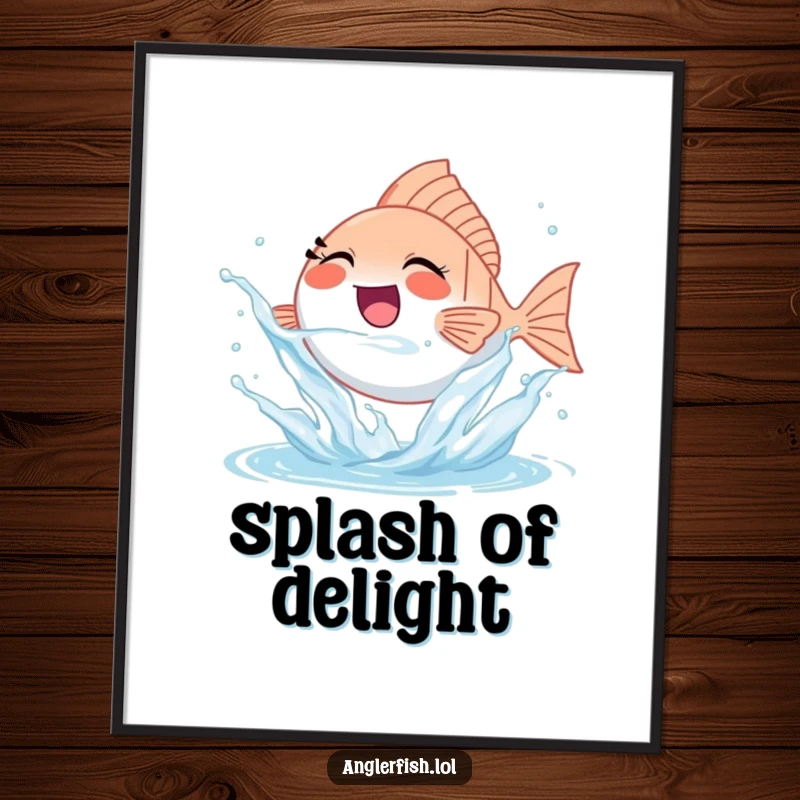 Funny tiny anglerfish poster joyfully splashing water, ideal for vibrant and happy decor.