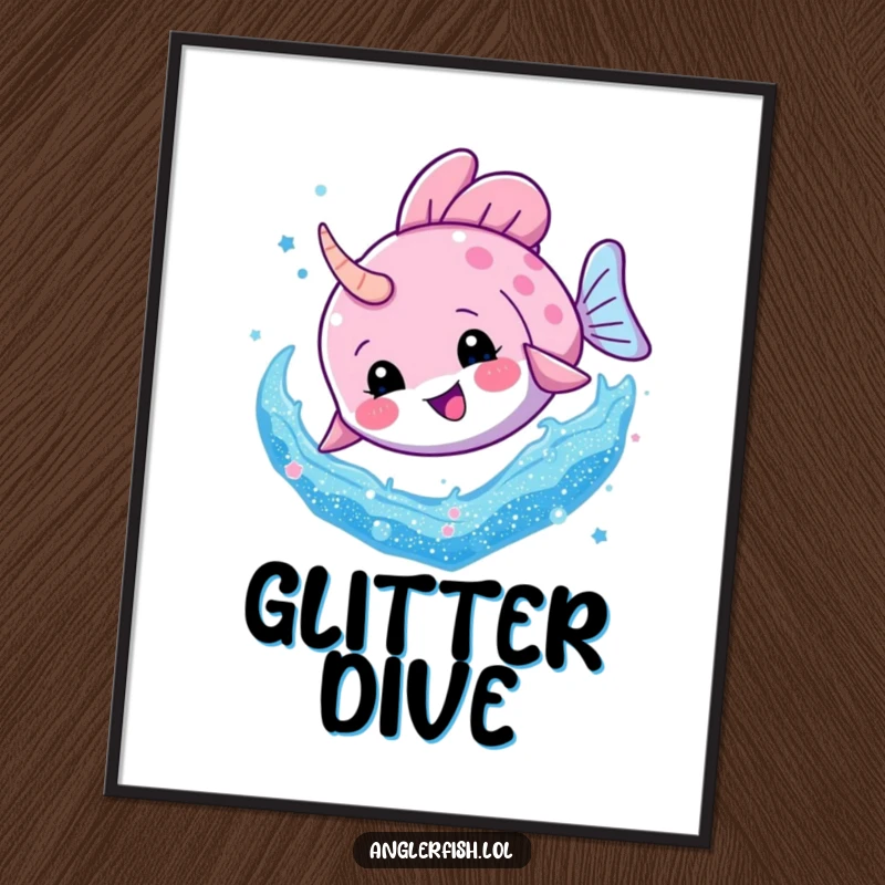 Funny Anglerfish Glitter Dive Poster: An anglerfish character joyfully diving into a swirling galaxy of shimmering glitter for artistic flair.