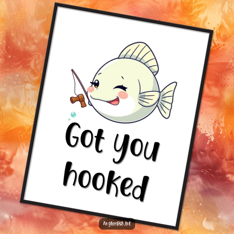 Funny Kawaii anglerfish poster of a cute anglerfish winking playfully while holding a tiny fishing rod.