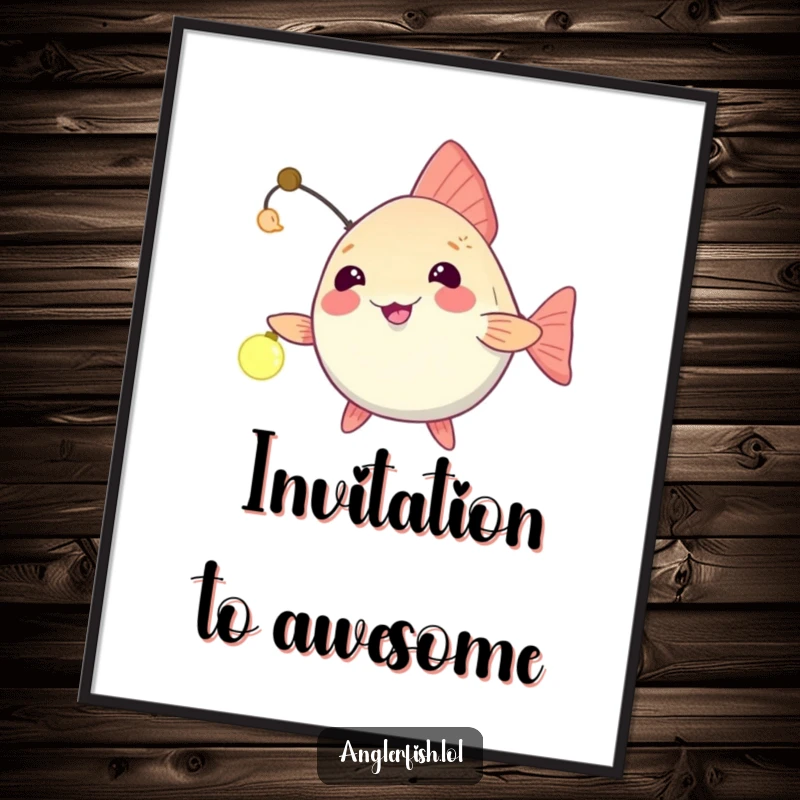 Funny anglerfish poster depicting a playful dangling lure, humorously beckoning an unseen friend closer for an amusing encounter.