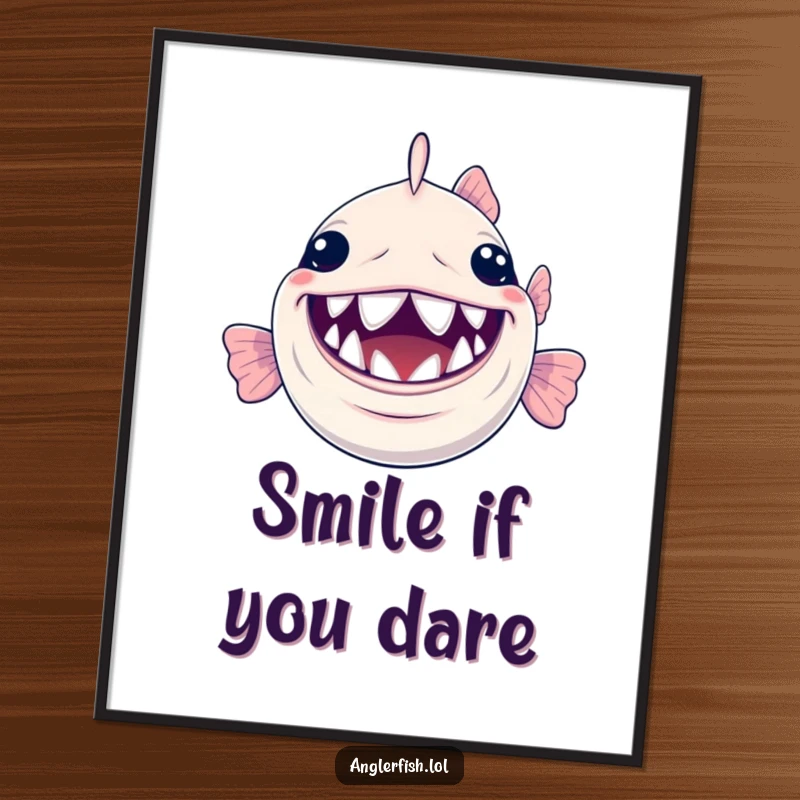 Funny Anglerfish Poster: A vibrant poster of a happy anglerfish with a huge smile, showing off its tiny, shiny teeth.