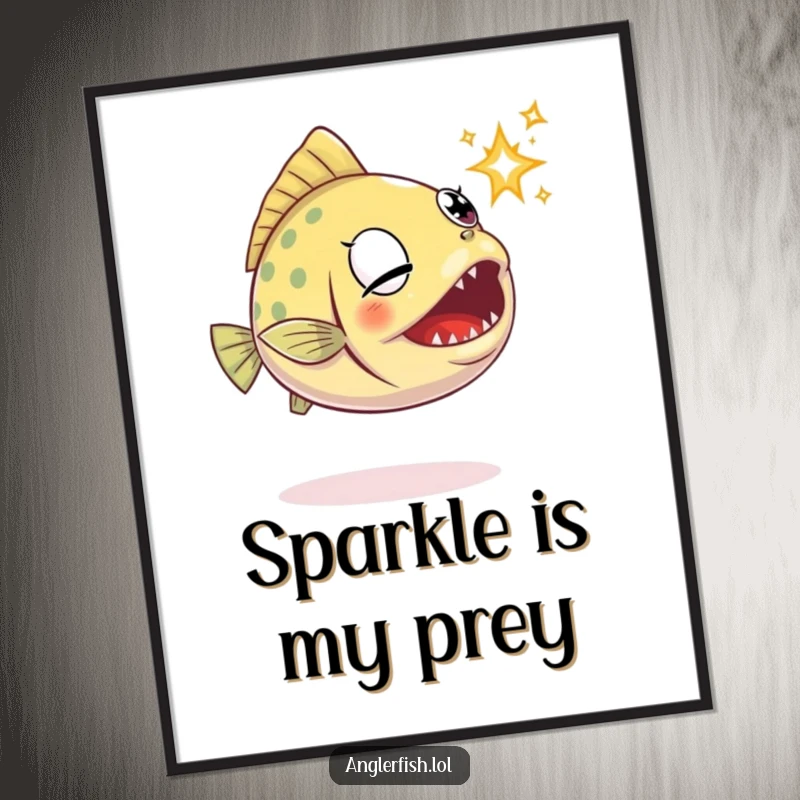 Funny anglerfish poster depicting a determined anglerfish fiercely trying to catch a small, shiny sparkle.