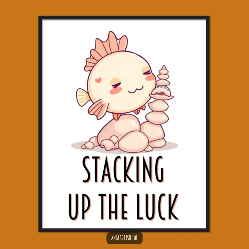 Funny Kawaii Anglerfish Seashell Balancing Poster, Whimsical Humorous Wall Art Gift