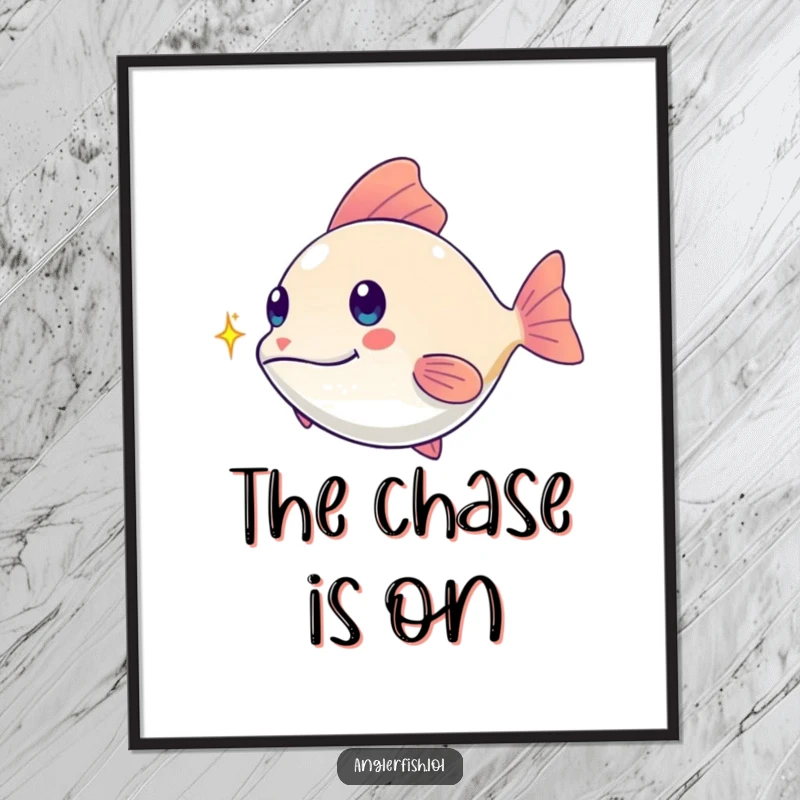 Funny kawaii anglerfish poster, playfully chasing a tiny shimmering spark, whimsical and funny art for your walls.