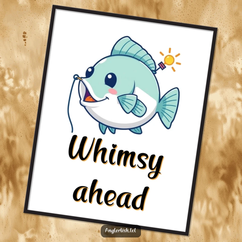 Funny poster of a playful anglerfish using its lure as a whimsical guiding beacon, ideal for adding humorous wall art.