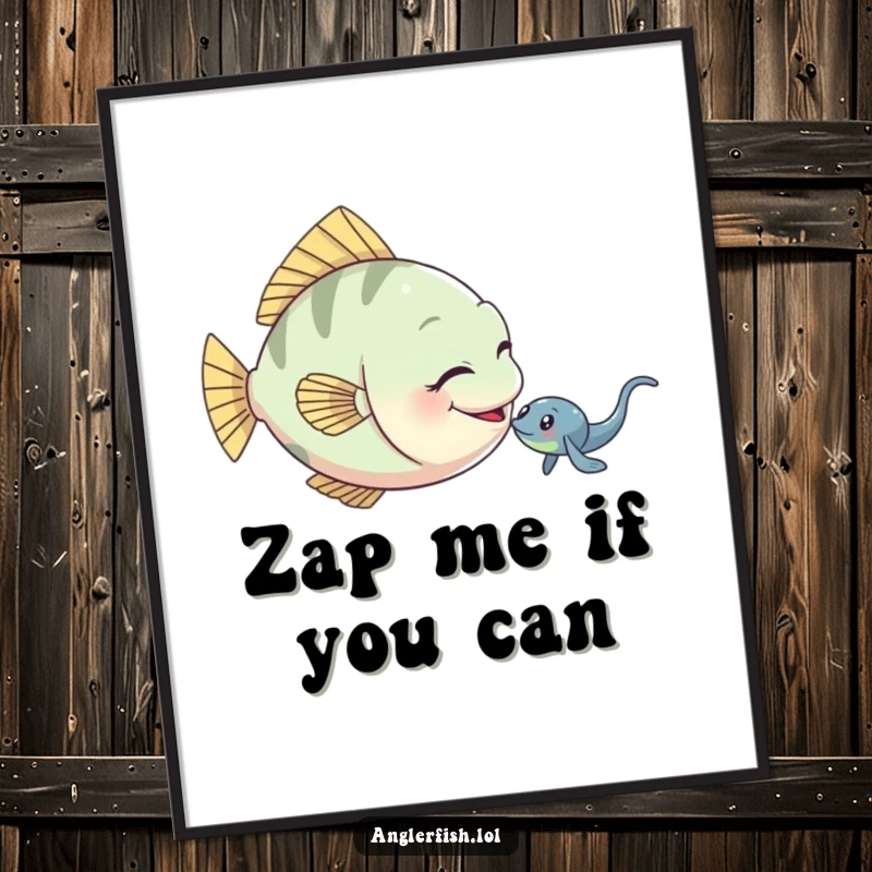 Funny anglerfish poster depicting a playful anglerfish gently nudging a small electric eel.