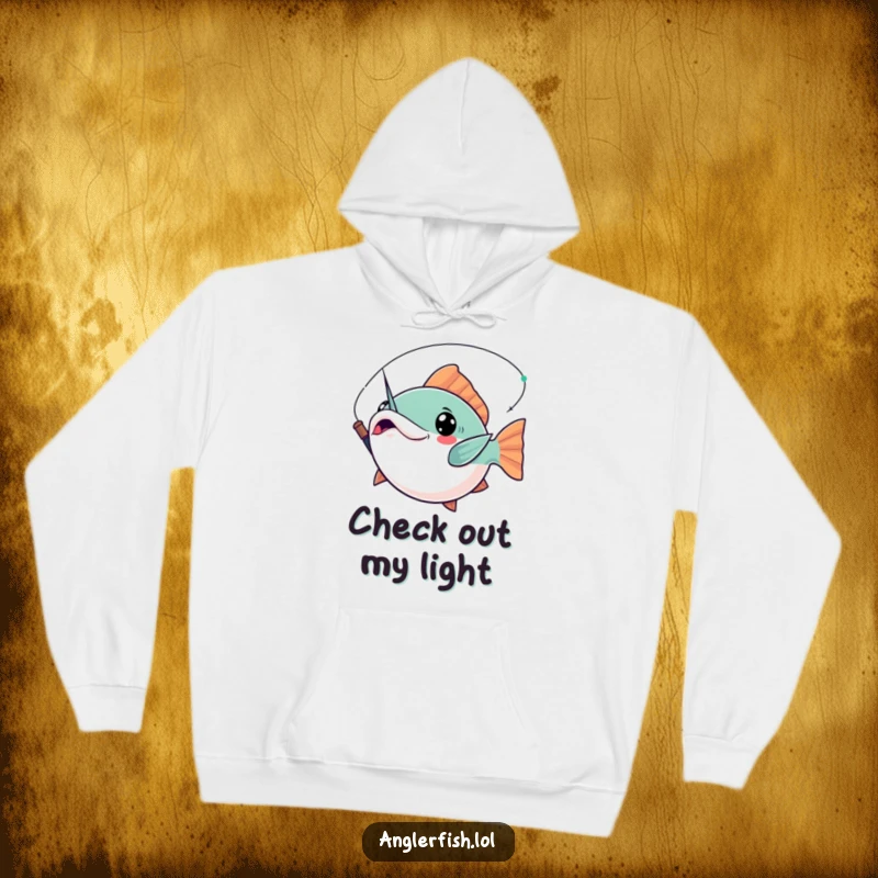 Funny Kawaii Anglerfish Hoodie: Soft, warm hoodie featuring a cute anglerfish striking a dramatic pose, its lure held high.