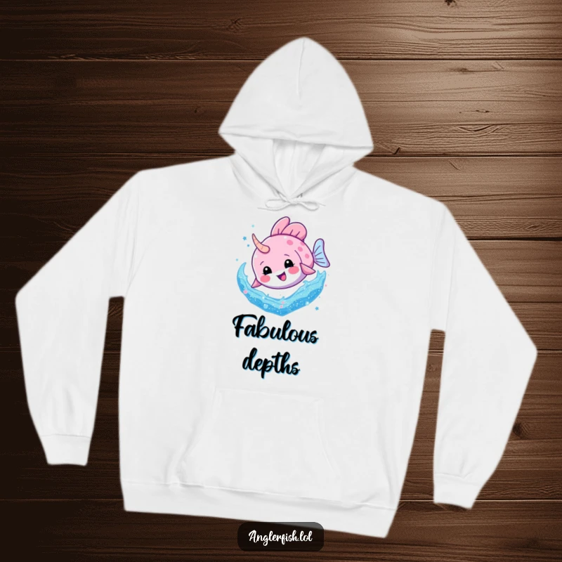 Funny Anglerfish Glitter Dive Hoodie: A happy anglerfish diving into a swirling mass of glitter, designed for ultimate cozy fun.