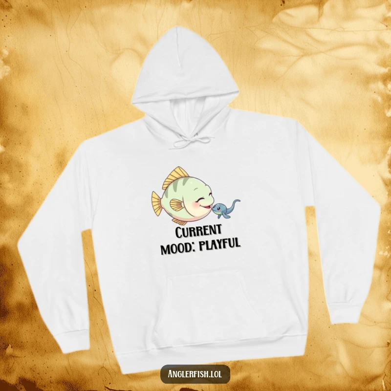 Funny anglerfish hoodie showing a playful anglerfish teasing a small electric eel with a gentle nudge.