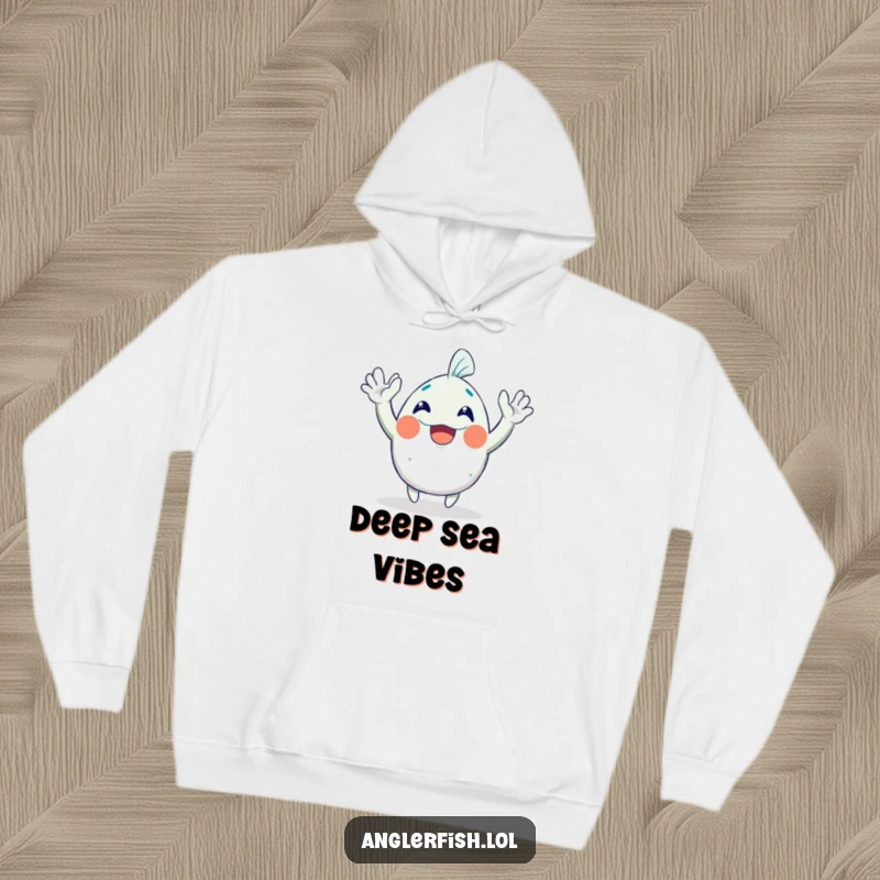 Funny Anglerfish Hoodie: A joyful anglerfish character gleefully waving both hands in the air, designed for maximum warmth and humor.