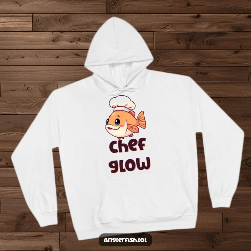 Funny Kawaii anglerfish hoodie featuring a cute fish wearing a tiny glowing chef hat, ideal for cool evenings.