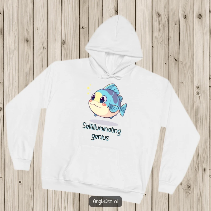 Funny kawaii anglerfish hoodie, surprised by its glowing reflection, a warm and funny gift for sea creature enthusiasts.