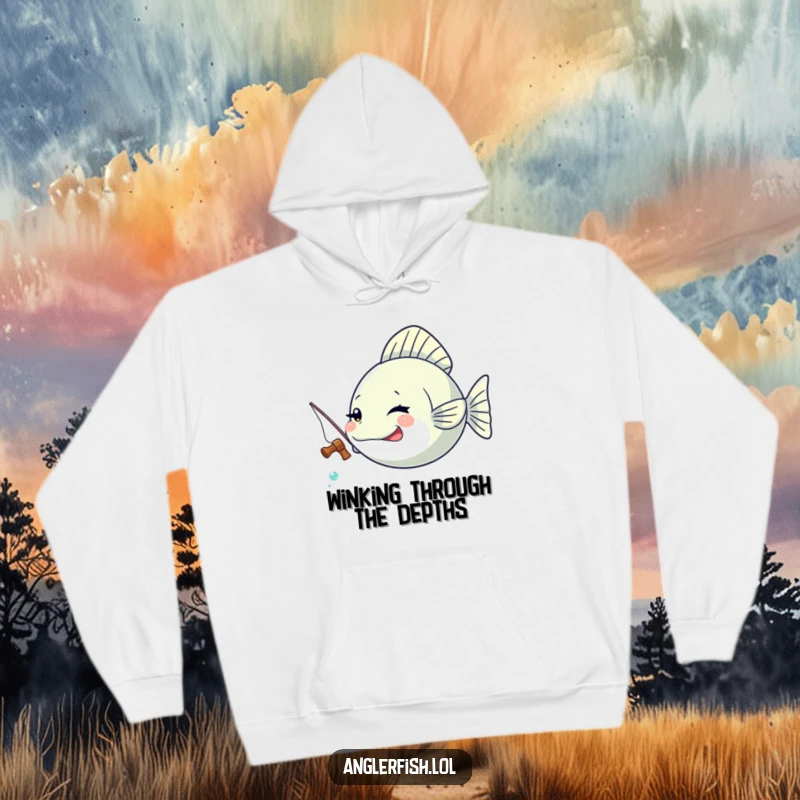 Funny Kawaii anglerfish hoodie of a cute anglerfish winking slyly, holding a tiny fishing rod.