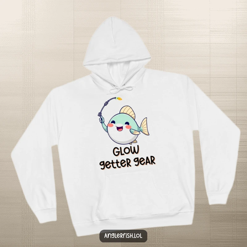 Funny anglerfish hoodie featuring a happy character waving a bright, glowing lure, perfect for cozy, humorous wear.