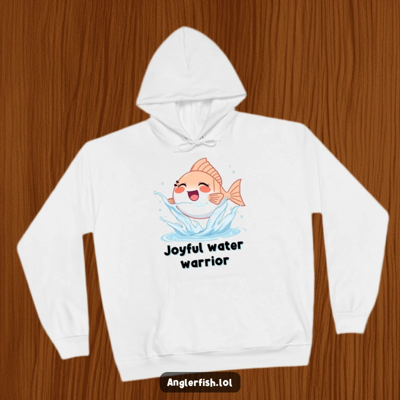 Funny tiny anglerfish hoodie happily splashing water, perfect for cozy wear and spreading joy.