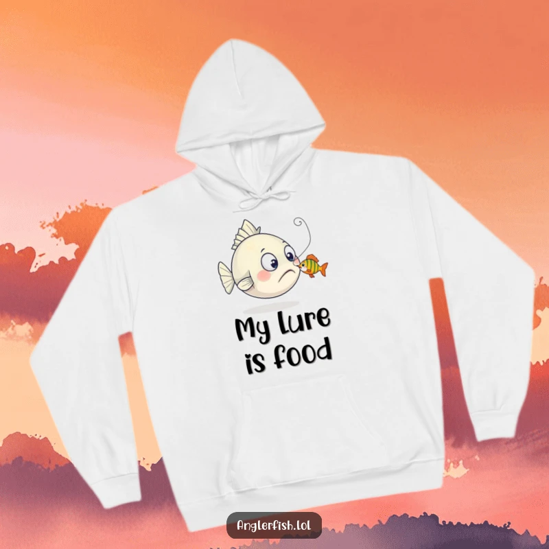 Funny anglerfish hoodie featuring a surprised anglerfish whose lure is being playfully nibbled by a tiny fish, offering cozy humor.