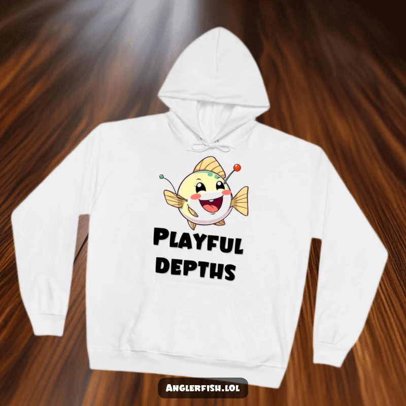 Funny anglerfish hoodie showing a cheerful, bobbing creature with a twinkling, mischievous lure, perfect for cozy, playful moments.