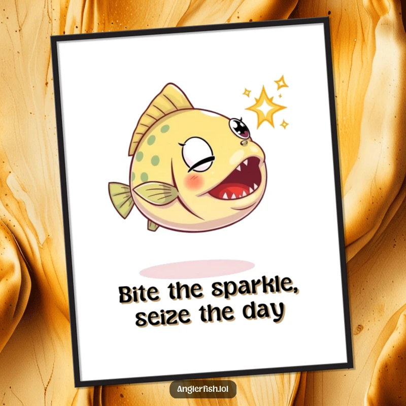 Funny free printable anglerfish wall art, a determined fish leaping to catch a sparkling light with its mouth.