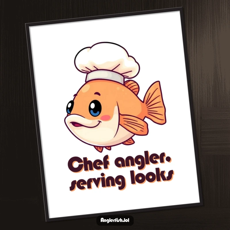 Funny Free Printable Wall Art: Kawaii anglerfish wearing a tiny illuminated chef hat, masterfully preparing a humorous masterpiece.
