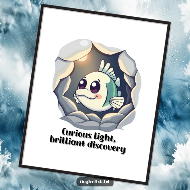 Funny Free Printable Wall Art: A curious anglerfish peeking from a dark cave, its bioluminescent lure switched on, creating an eerie glow.