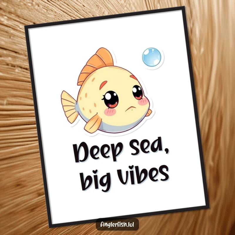Funny Free Printable Wall Art: A kawaii anglerfish wide-eyed at a tiny bubble, whimsical deep-sea downloadable decor.