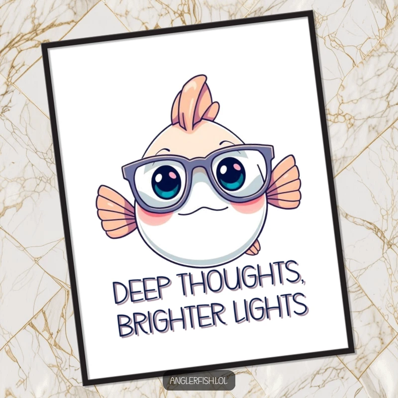 Funny Free Printable Wall Art: A cute anglerfish with oversized glasses looking deeply thoughtful, quirky downloadable decor.