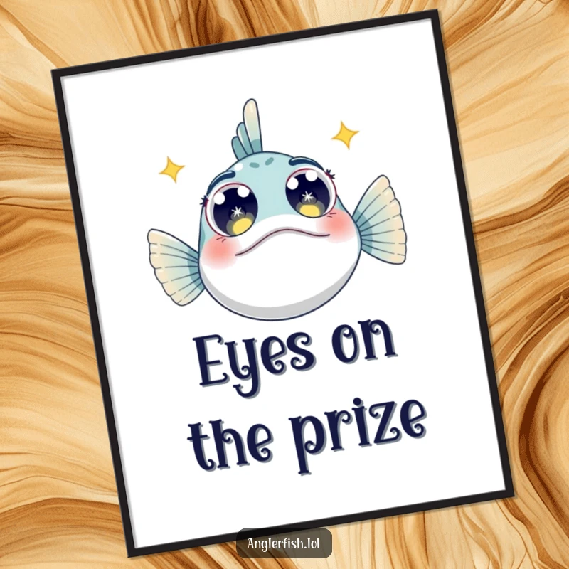 Enchanting free printable anglerfish wall art showing an anglerfish gazing upwards with vast, wide, starry eyes full of wonder.