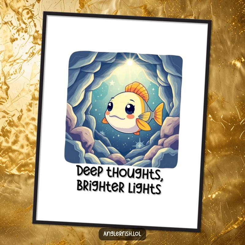 Funny Free Printable Wall Art of a curious anglerfish illuminating a vast, star-filled cavern with its light.