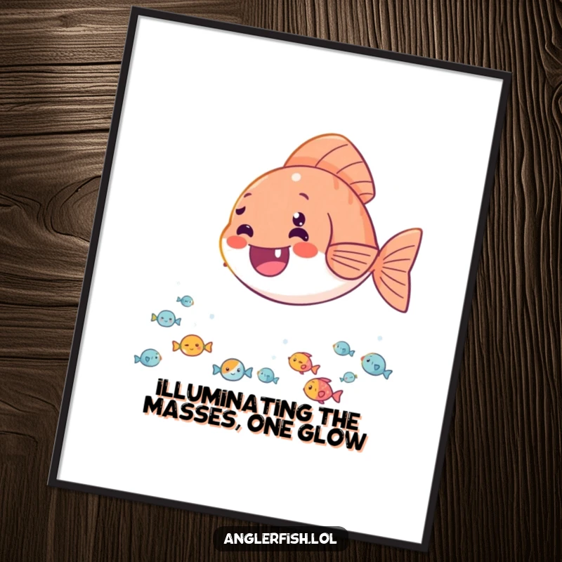 Funny Free Printable Wall Art showing a very happy anglerfish illuminating a captivated audience of small, delighted fish.