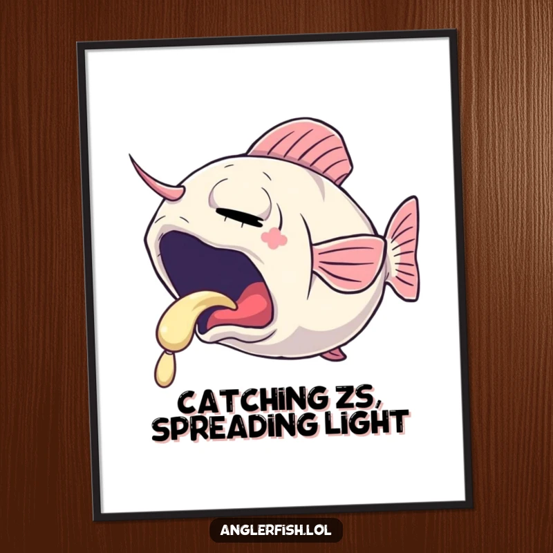 Funny Free Printable Wall Art of a sleepy anglerfish yawning, its lure emitting a gentle, soft, comforting glow.