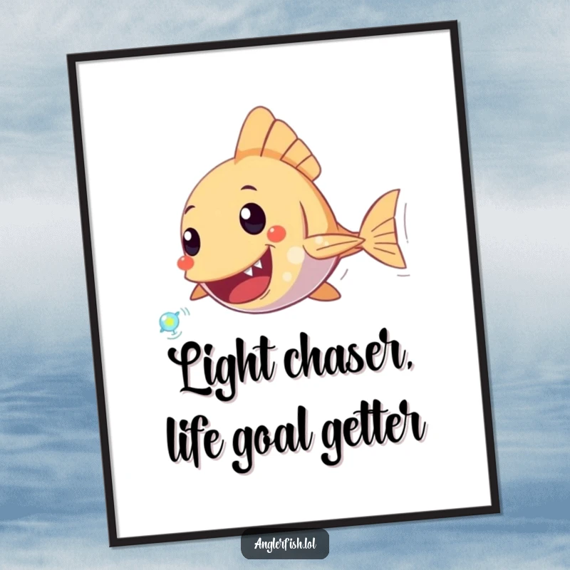 Funny Free Printable Wall Art: An excited anglerfish character in pursuit of a tiny, sparkling plankton, full of action.