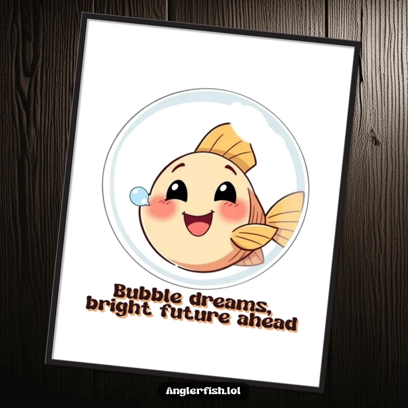 Funny Free Printable Wall Art: A small, happy anglerfish earnestly attempting to blow a giant, shimmering bubble. A whimsical underwater scene.