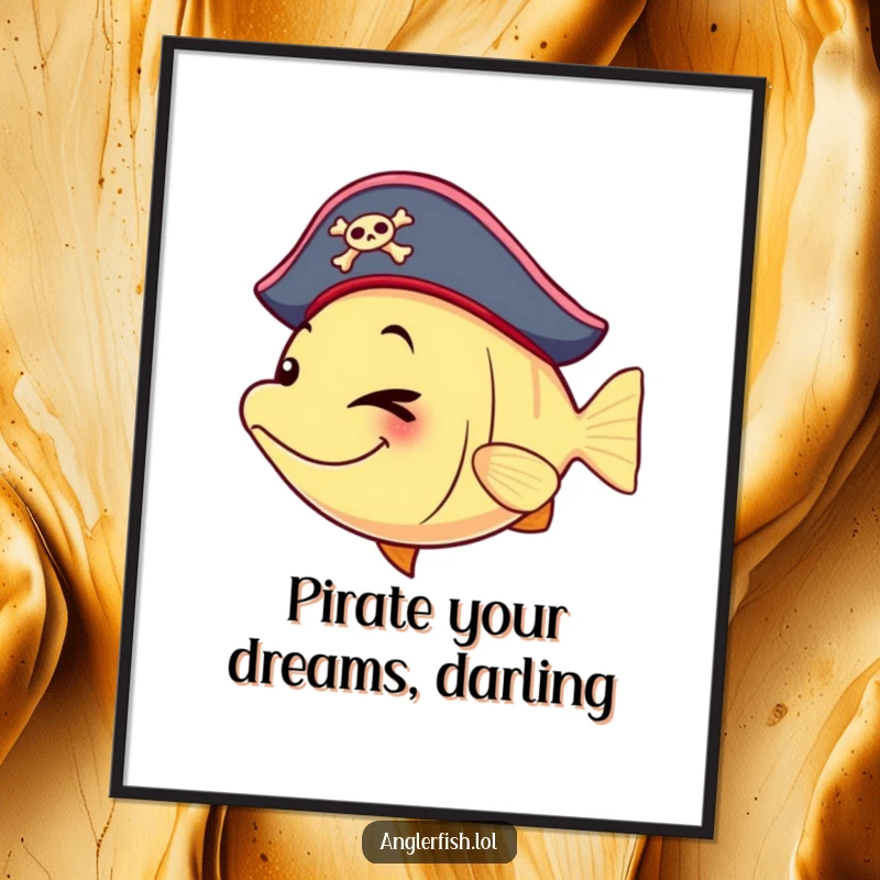Funny Free Printable Wall Art featuring a pirate anglerfish with a tiny hat, winking playfully.