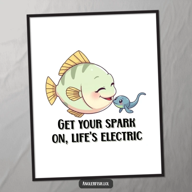 Funny free printable anglerfish wall art, a playful fish gently nudging a small, electric eel.