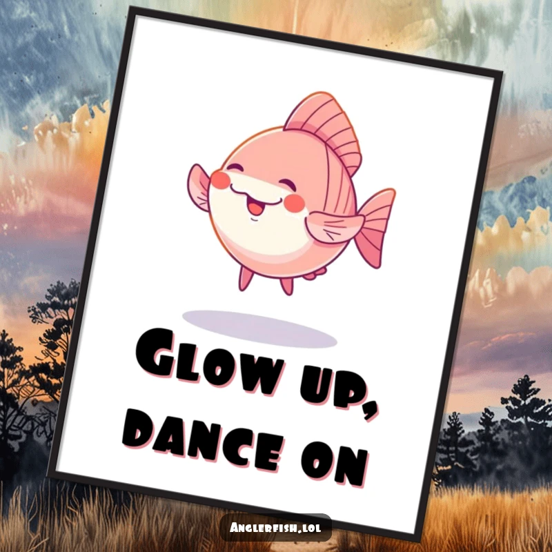 Funny Free Printable Wall Art: A cute kawaii anglerfish dancing joyfully under a soft, enchanting glow.