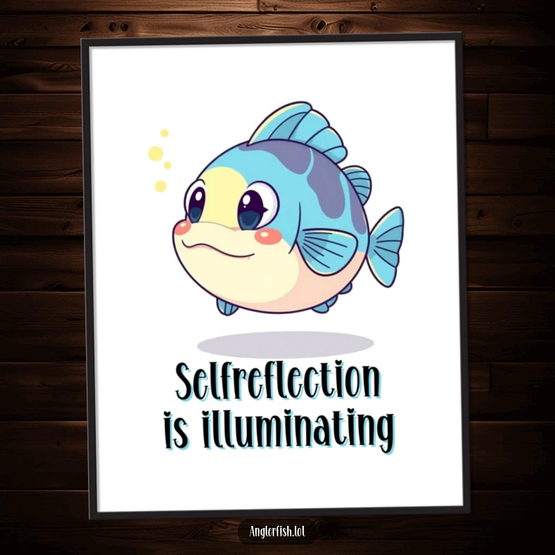 Funny Free Printable Wall Art: Kawaii anglerfish startled by its own glowing reflection, humorous downloadable decor.