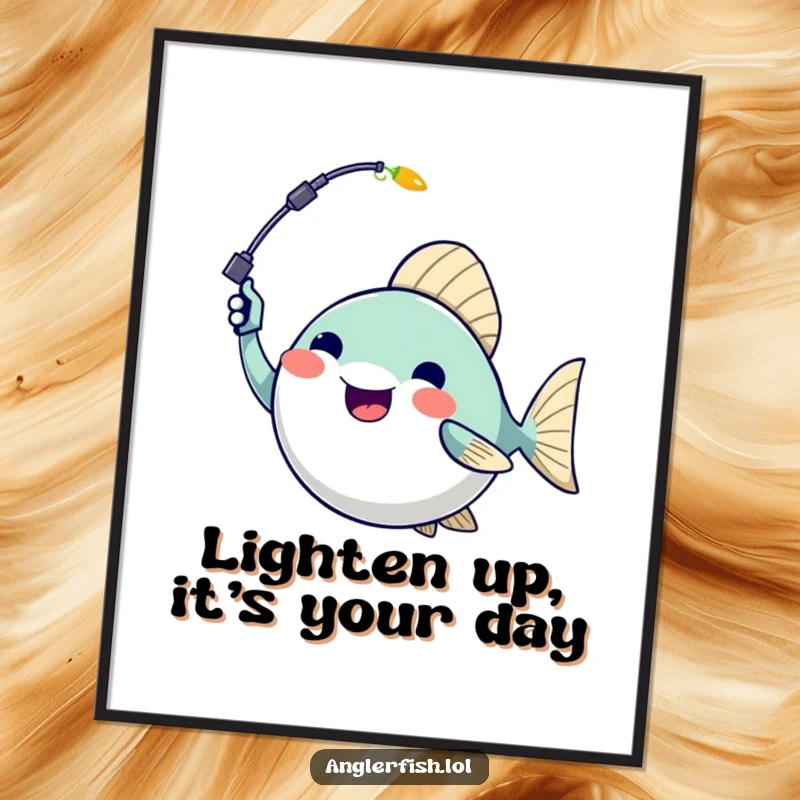 Funny Free Printable Wall Art of an anglerfish enthusiastically waving a glowing lure, perfect for quirky decor.