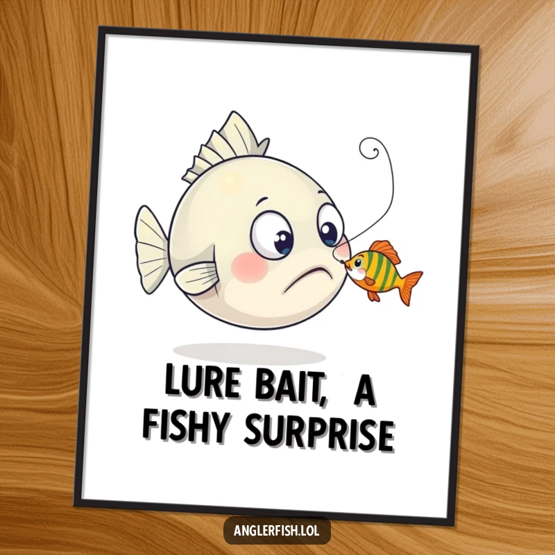 Funny Free Printable Anglerfish Wall Art: An anglerfish looks comically surprised as a tiny fish playfully nibbles its glowing lure.