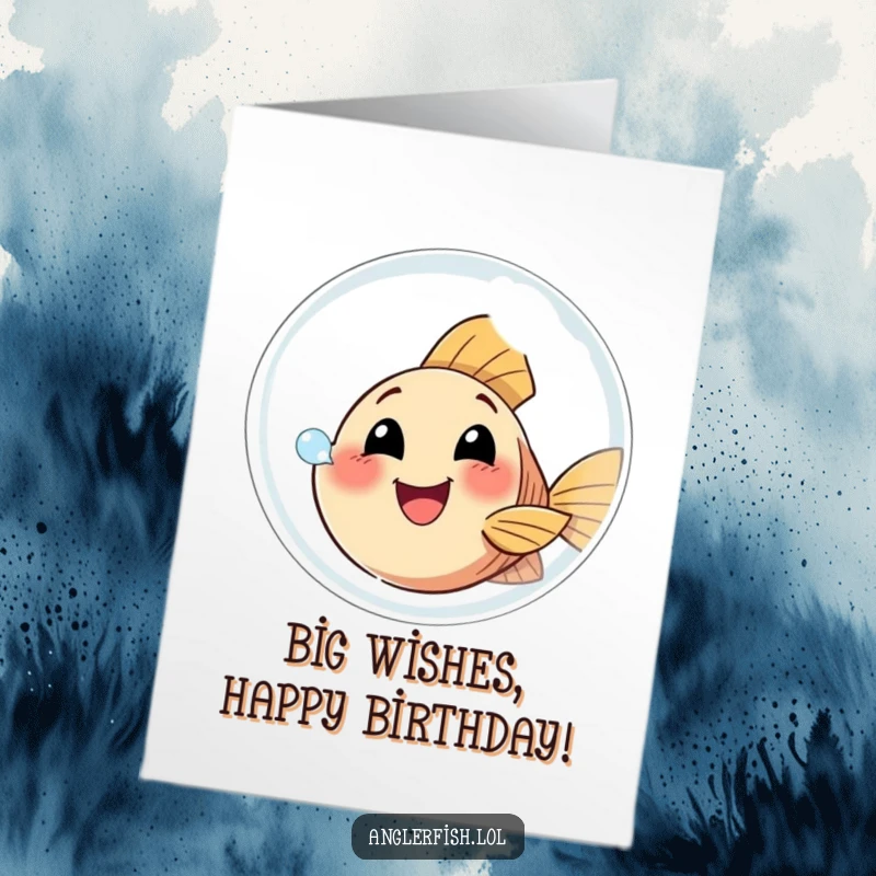 Funny Free Printable Birthday Card: Small anglerfish with a happy expression trying to blow a giant, translucent bubble. A cheerful scene.