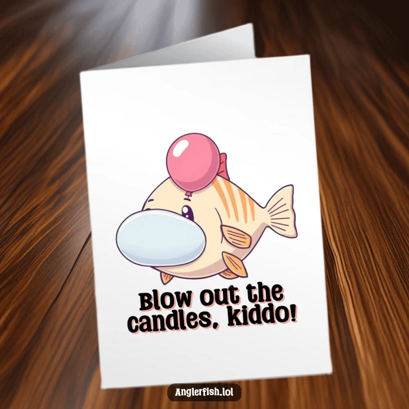 Funny Free Printable Birthday Card: Cheerful anglerfish inflating its cheeks like colorful balloons for a birthday.