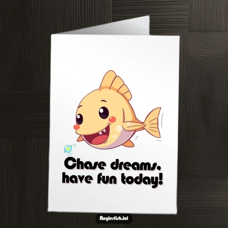 Funny Free Printable Birthday Card: Energetic anglerfish character enthusiastically chasing a tiny, sparkling plankton. A celebratory scene.