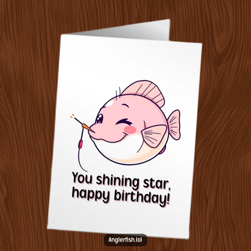 Funny Free Printable Birthday Card: Kawaii anglerfish winking cheekily with its lure as a spotlight, a playful birthday wish.