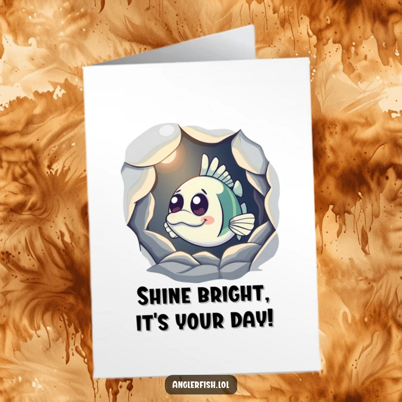 Funny Free Printable Birthday Card: Curious anglerfish peeking from a dark cave, its bioluminescent lure glowing brightly. A mysterious greeting.